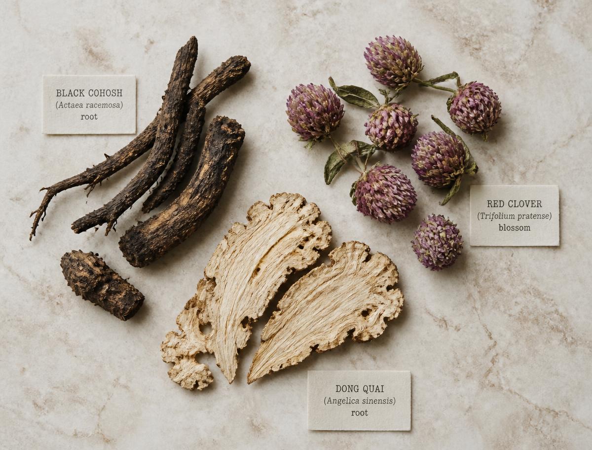 Black cohosh root, red clover blossoms and dong quai root laid out on stone