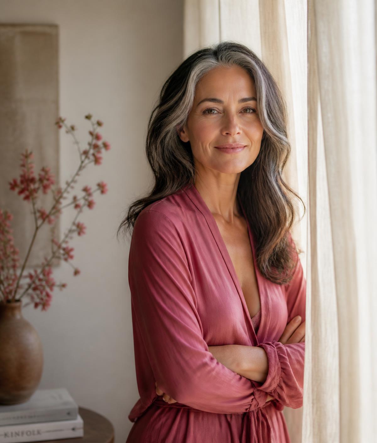 A woman in her fifties standing calmly by a sunlit window
